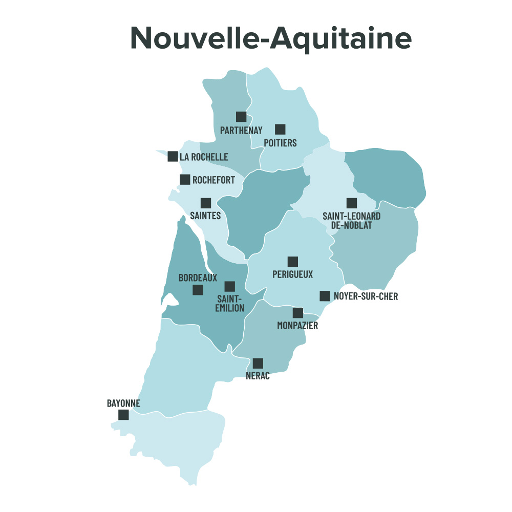 Carte des villes éligibles à la loi Malraux en Nouvelle Aquitaine