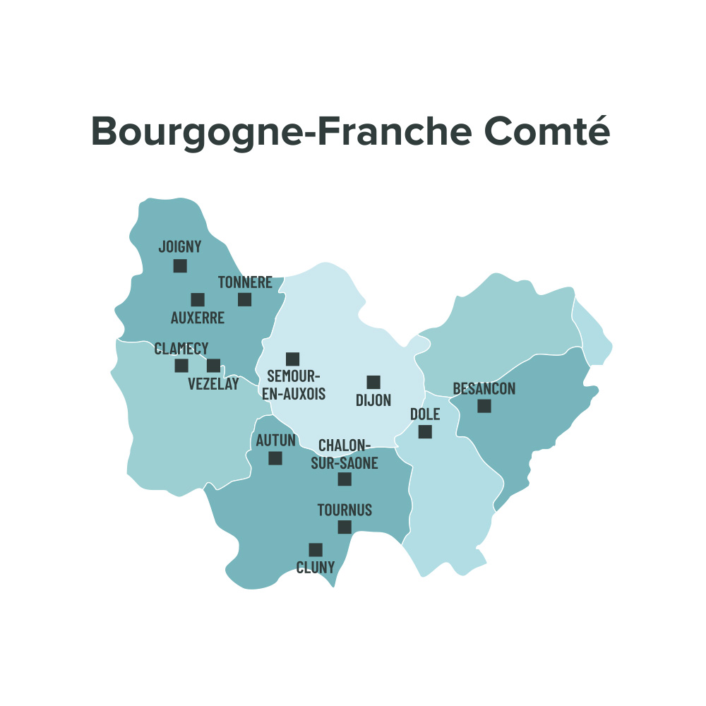 Carte des villes éligibles à la loi Malraux en Bourgogne Franche Comté