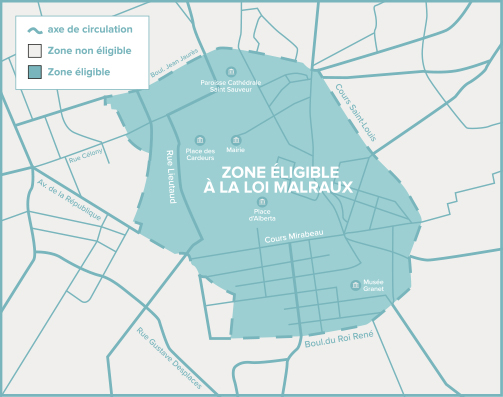 Carte de Aix-en-Provence de la zone éligible Loi Malraux / Monument Historique