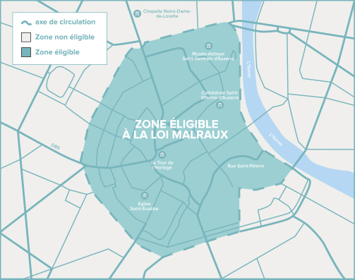 Carte de Auxerre de la zone éligible Loi Malraux / Monument Historique