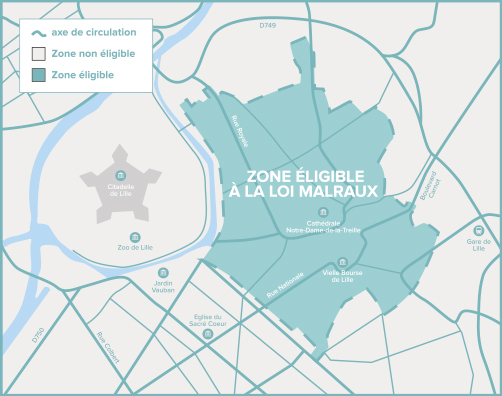 Carte de Lille de la zone éligible Loi Malraux / Monument Historique